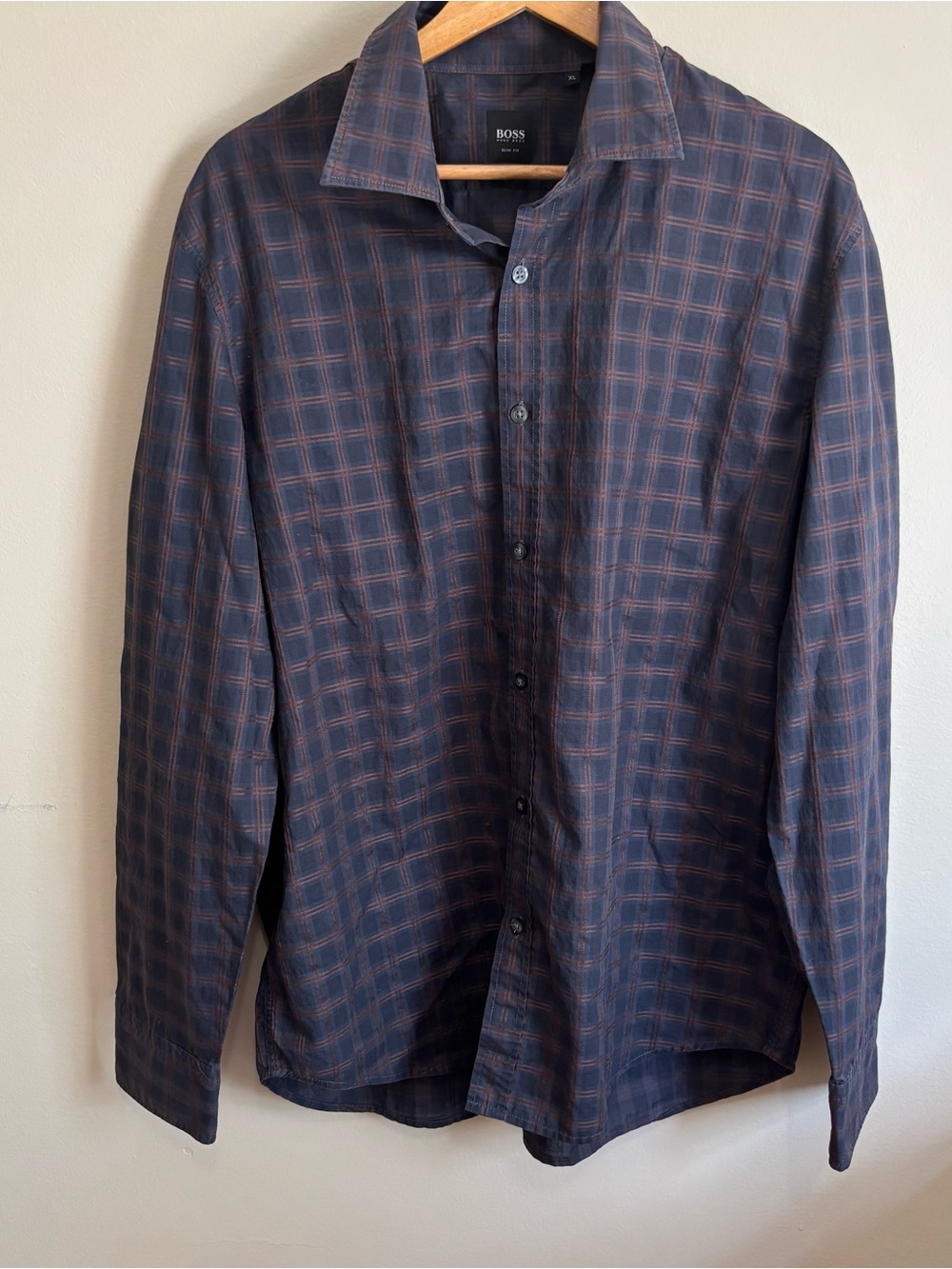 Hugo Boss Slim Fit Navy Bronze Plaid Button-Up Shirt XL Cotton